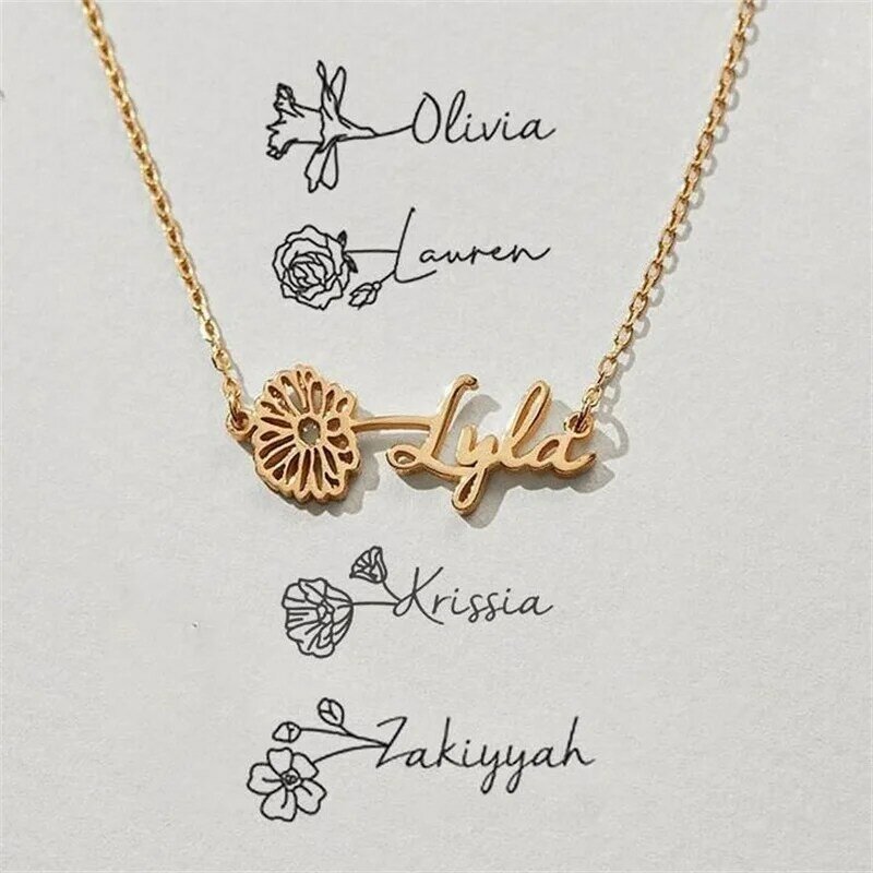 Collana con nome floreale personalizzato in oro 18 carati personalizzato minimalista ciondolo targhetta gioielli collo regalo di compleanno di nozze per lei