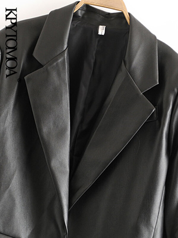 Kpytomoa-女性のためのファッショナブルな合成皮革のブレザー,ポケット付きのルーズなブレザー,ヴィンテージの長袖の背中のコート,シックな女性の服