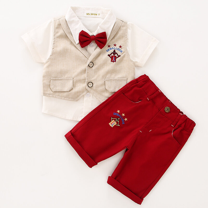 Vêtements d'été pour nouveau-né garçon, chemise à manches courtes, Short à bretelles avec gilet, ensemble de 3 pièces