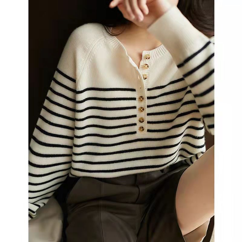 Outono e inverno feminino listrado mistura de lã camisola o-pescoço marinheiro pulôver cashmere suéter fino malha quente base camisa