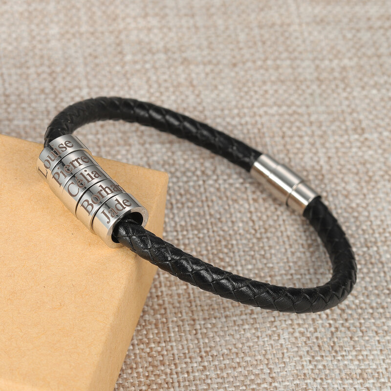 Nome personalizado pulseira para ele With1-8Charms jóias personalizadas homens pulseira de couro genuíno aço inoxidável grânulo presente da família
