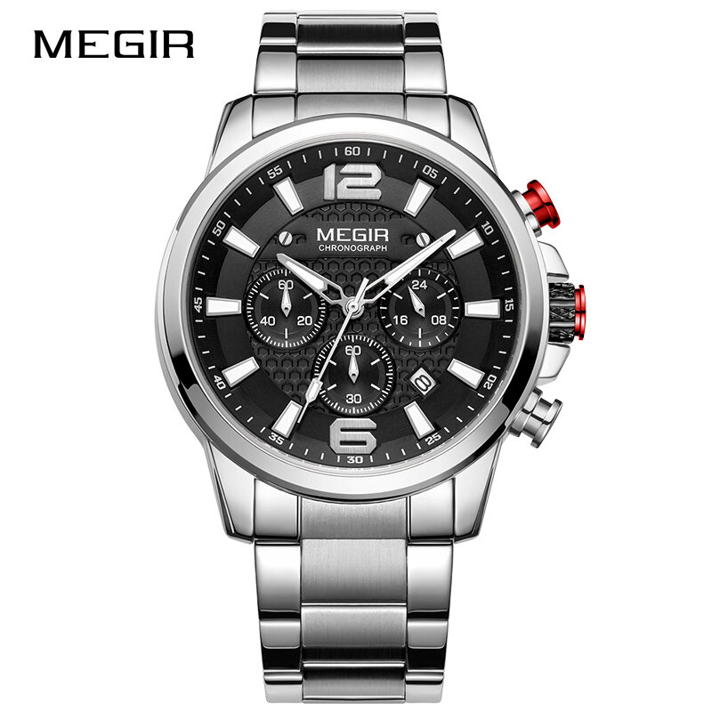 MEGIR-reloj analógico de acero inoxidable para hombre, accesorio de pulsera de cuarzo resistente al agua con cronógrafo, complemento masculino deportivo de marca de lujo con diseño militar, perfecto para negocios