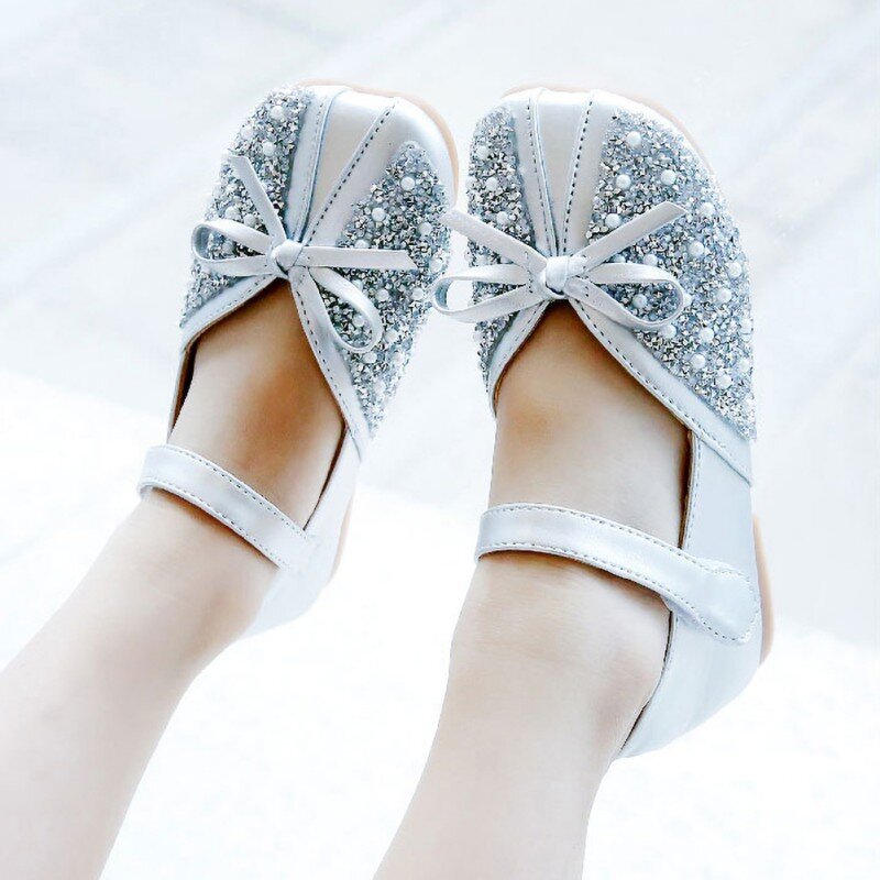 Girl Soft Soled Rhinestone Fashion Leather Shoes Pumps Birthday Christmas Party Autumn Spring Bowknot Non-slip Single Shoes
