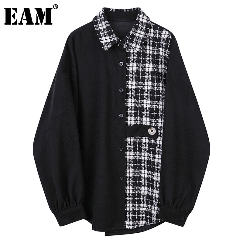 [EAM] Женская клетчатая блузка большого размера, черная блузка с отворотом, длинный рукав, свободная рубашка, модная, весна-осень 2021, 1DD4262