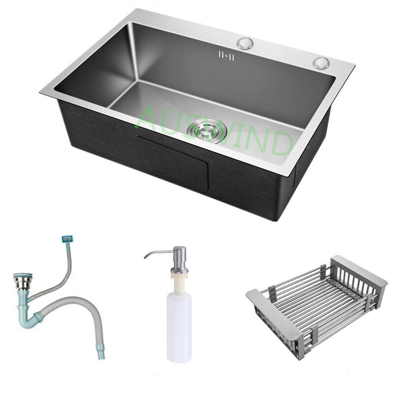 Stainless Steel Brushed Kitchen Sink Single Bowl Above Counter or Undermount Handmade Sink Bowl with Accessories