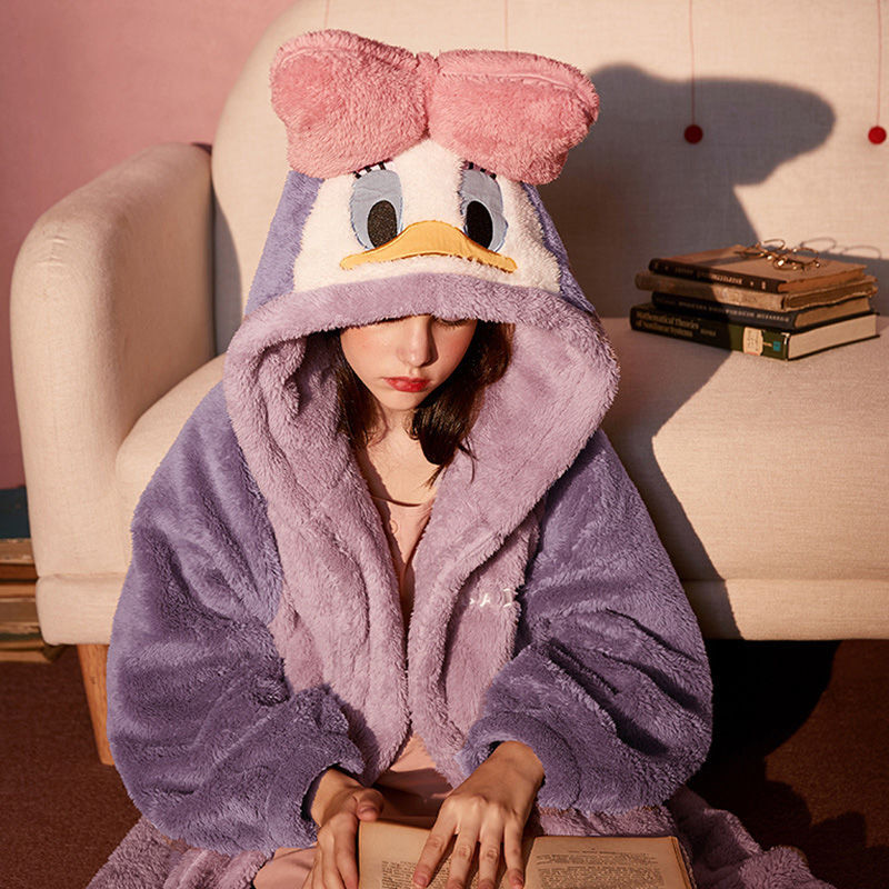 SOUGEN-Pijama con capucha y lazo rosa para mujer, ropa de casa con forro polar Coral, pijamas de pato gruesos informales de dibujos animados para invierno