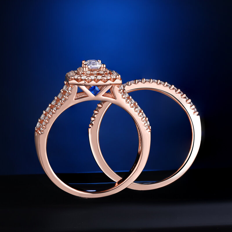 Wuziwen Solid 925แหวนเงินชุดแต่งงานสำหรับสตรี Rose Gold สีมรกตตัด AAAAA Cubic Zircons ชุดเจ้าสาว BR0981