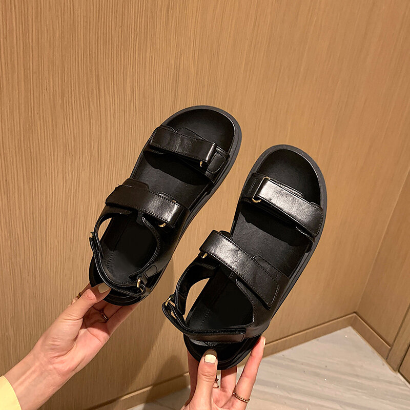 2021 verão moda feminina sandálias de couro natural sapatos coringa apartamentos para femininos ins roma plataforma sandálias femininas