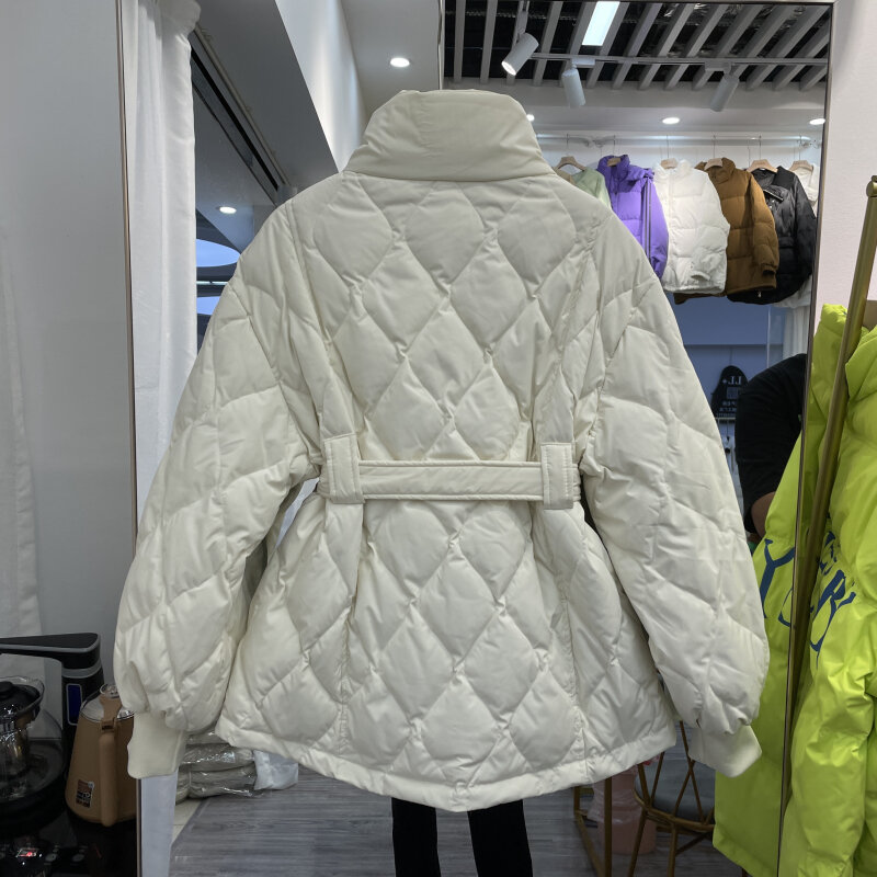 Women's Winter Down Jacket 2021 New  Korean Fashion Diamond Lattice Belt Slim White Duck Female Warm Coat Temperament Outerwear