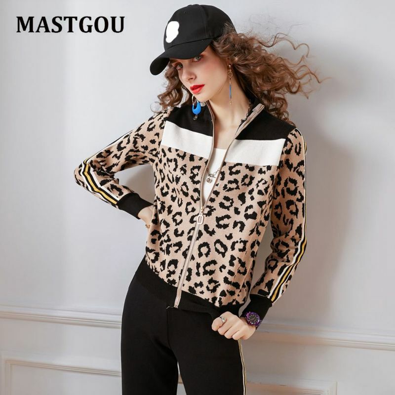 Женские леопардовые спортивные костюмы MASTGOU из 2 предметов, весенний кардиган на молнии + Брюки-Капри, шаровары, женские комплекты одежды