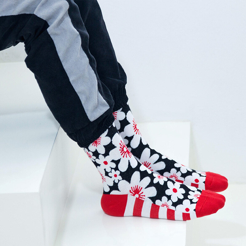 Meias estilo hip-hop masculinas, meias de skate e moda de rua com estampa floral