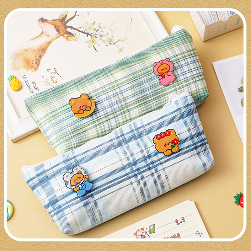 H-best – trousse à crayons avec fermeture éclair, pochette en toile avec motif de carreaux, porte-stylo pratique, grande capacité pour les pinceaux de maquillage, papeterie