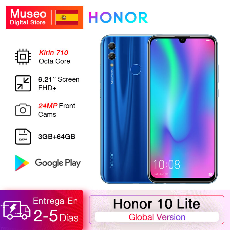 Honor-Teléfono móvil inteligente 10 Lite versión global, smartphone con pantalla de 6.21" y 2340x 1080P, Kirin 710, Octa Core, cámara frontal de 24MP, Android, OTA