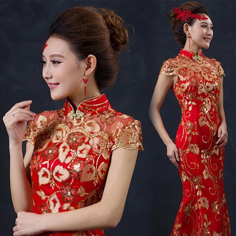 Rosso Cinese Abito Da Sposa Femminile Lunga A Manica Corta Cheongsam Oro Sottile Vestito Tradizionale Cinese Delle Donne Qipao per la Cerimonia Nuziale Del Partito