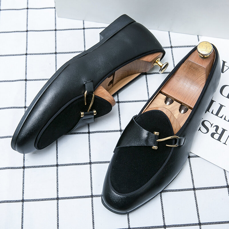 Le Fu-zapatos informales cómodos para hombre, calzado clásico de piel sintética, tacón bajo en punta, color marrón y negro, para primavera y otoño, 3KC801