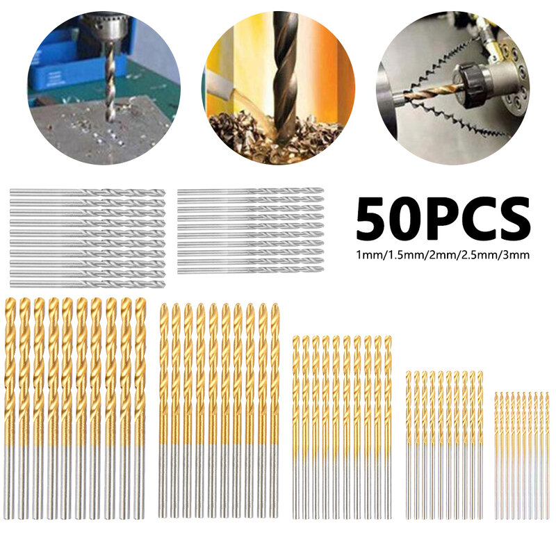 Brocas recubiertas de titanio HSS, juego de brocas de acero de alta velocidad, herramientas eléctricas de calidad 1/1, 5/2/2, 5/3mm, herramientas para carpintería, 50 Uds.