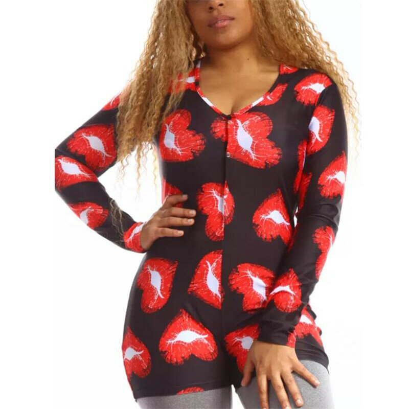 Mulher manga longa coração impressão homewear macacão de uma peça moda pijamas sleepwear para mulher profundo decote em v primavera outono macacão