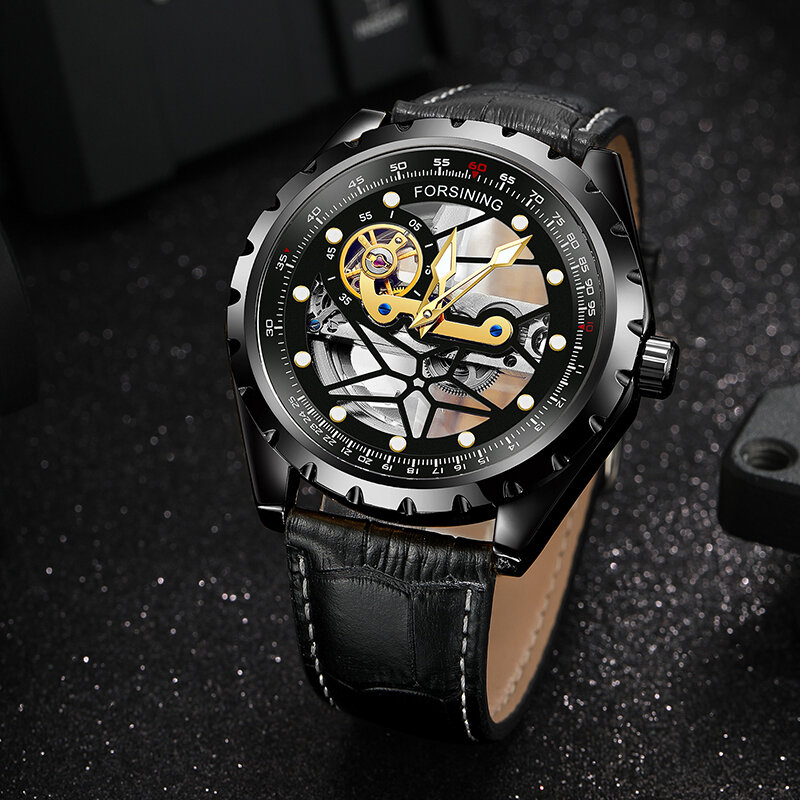 FORSINING Double Through Hollow Design Casual Watches Men Automatic Mechanical Hardlex Mirror Man's Wristwatch