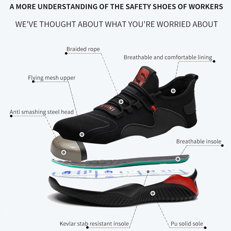 Summer Men's Sneakers Safety Shoes Men Steel Toe Cap Work Safety Shoes Puncture-Proof Work Sneakers Breathable Safety Shoe