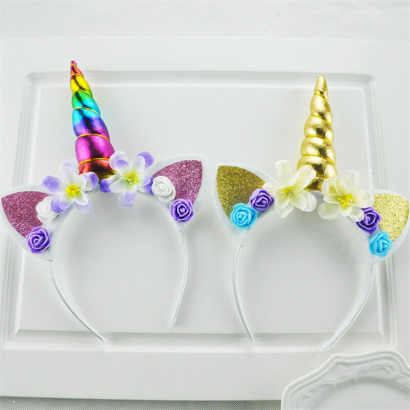 Moda unicórnio mágico bandana doce flor unicórnio chifre faixa de cabelo festa de aniversário flor headwear para crianças como presente