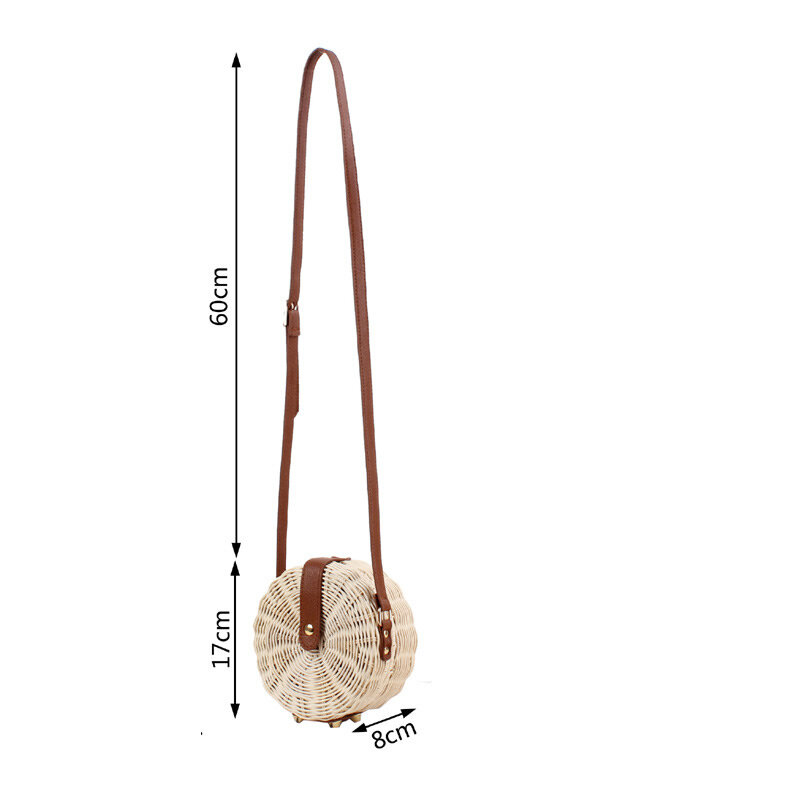 빈티지 수제 등나무 가방 여성 여름 라운드 밀짚 어깨 가방 작은 해변 핸드백 크로스 바디 가죽 작은 라운드 비치 가방