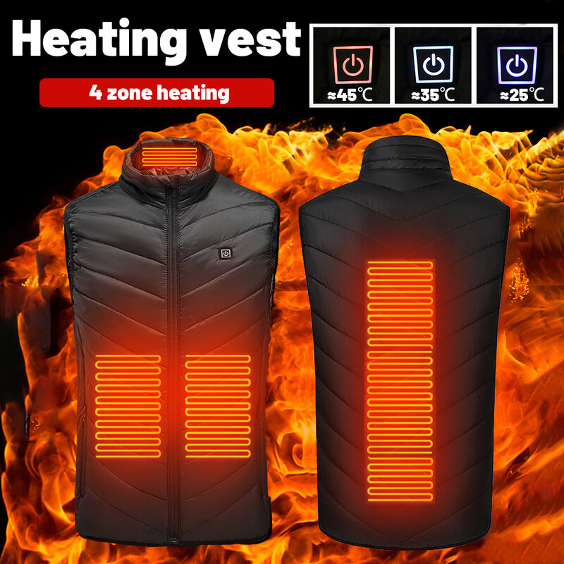 4 Areas Heated Vest Jacket USB Men Winter Electrical Heated Jacket Outdoor Fishing Hunting Waistcoat Hiking Vest