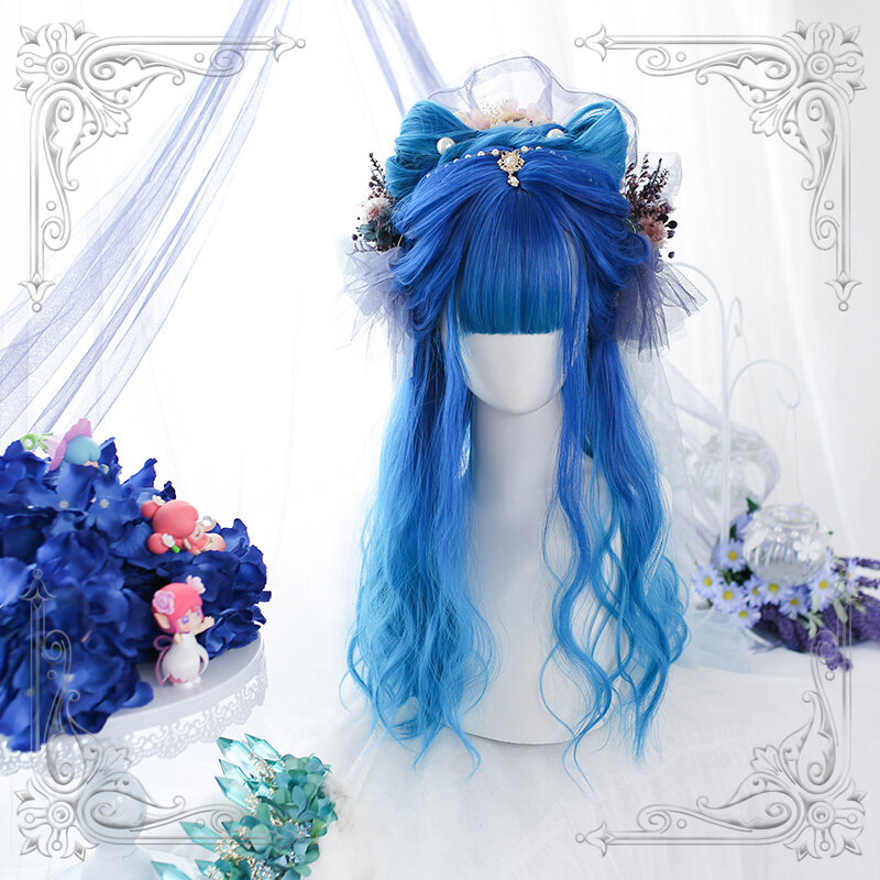 Kobiece długie faliste grzywki niebieska peruka ogon ze stopniową zmianą koloru światła kobiety naturalne lekkie peruki z kręconymi włosami na imprezę Cosplay