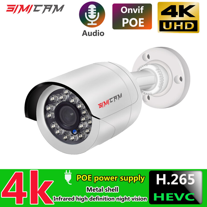 كاميرا مراقبة 4K 8MP IP POE Onvif H265 ، خارجية ، معدن ، رصاصة ، مقاومة للماء ، رؤية ليلية عالية الدقة ، 48 v5mp ، أمن فيديو