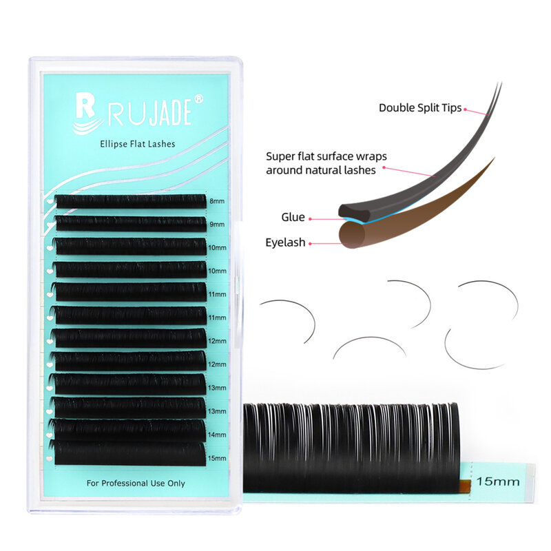 RUJADE – extensions de cils en forme d'ellipse, individuelles, plates, noires mates foncées, à pointes fendues, Mix8-15mm