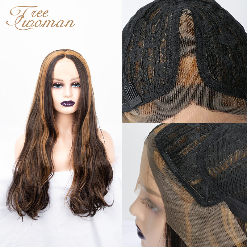 FREEWOMAN-peluca con malla frontal para mujer, pelo sintético de 24 pulgadas, Color rubio mezclado, aspecto Natural, fibra resistente al calor