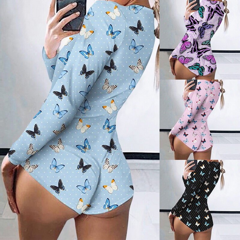 WENYUJH Butterfly Print Sexy Long Sleeve Bodycon Jumpsuit Rompers Women 2021 Clubwear Outfits One Piece Rompers Active Wear