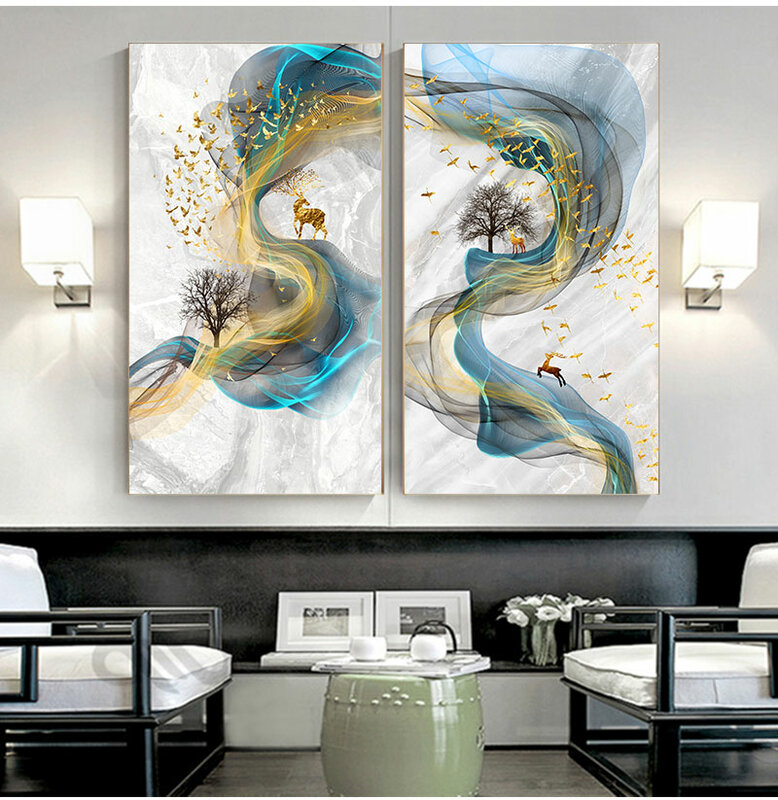 Tableaux de peinture de cerf doré, grande taille, imprimé bleu, or, mur d'art, salon moderne, toile d'art abstraite