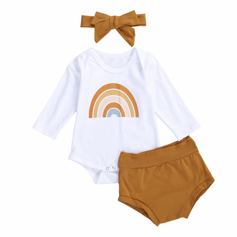 Ropa de tres piezas para niña, mono de manga larga de arcoíris fresco y pantalones cortos de Color sólido con diadema