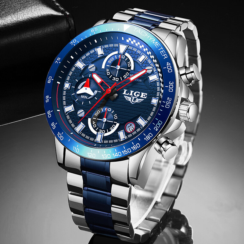 Часы наручные LIGE Мужские кварцевые, модные брендовые Роскошные деловые водонепроницаемые спортивные полностью стальные, с хронографом, 2022
