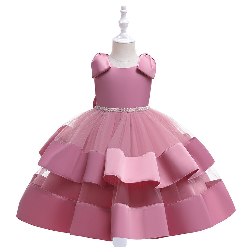 Western Style Solid Birthday Dresses for Girls of 2-10 Year Old Round Neck Girls Tutu Dress Beaded Girl Wedding Party Dress