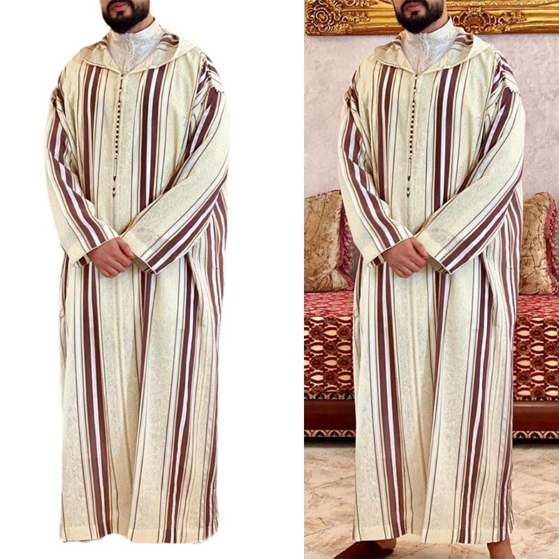 Mode Männer Ethnische Stil Hemd Ramadan Kleid Marokkanischen Robe Gestreiften Lange Thobe L41B