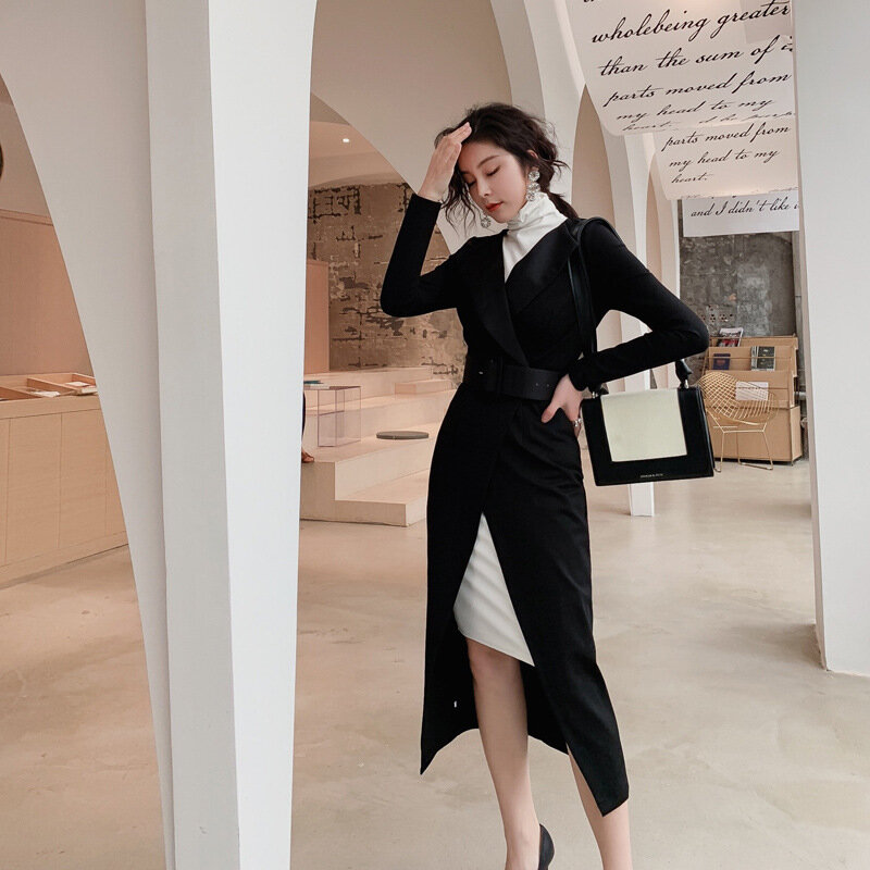 Ternos femininos conjuntos escritório moderno vestimenta comprida vestido comprido 2 peças vestuário preto vestidos femininos