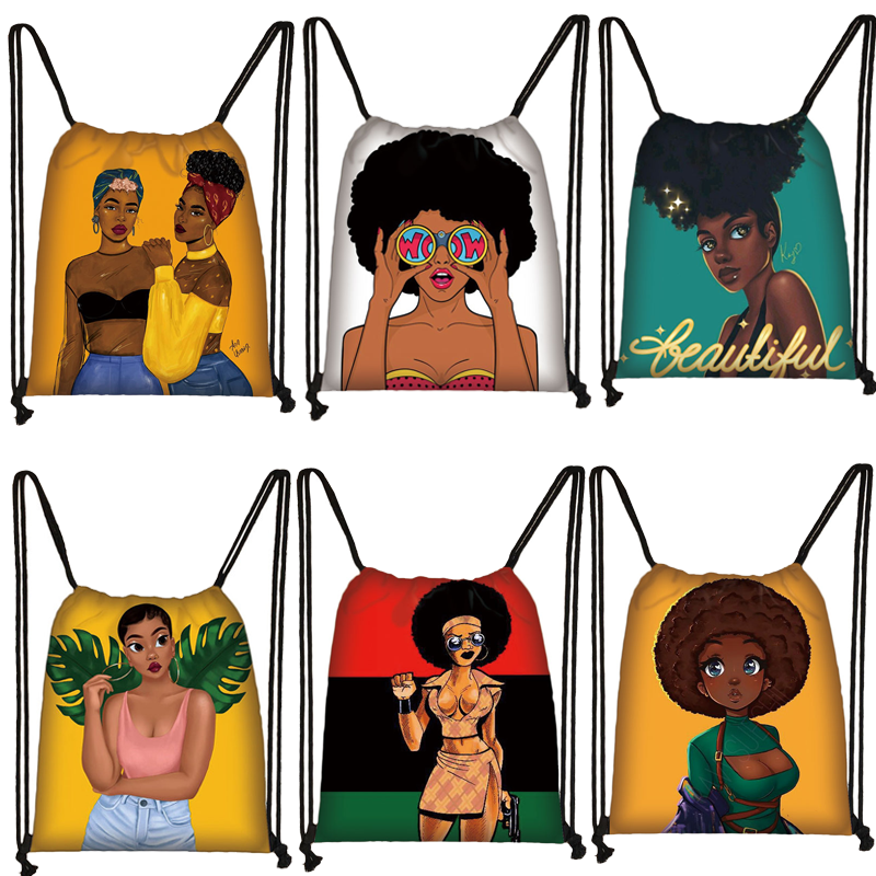 Mochila de lona feminina com cordão, bolsa fofa de desenho animado afro para mulheres bolsa para armazenamento de moda