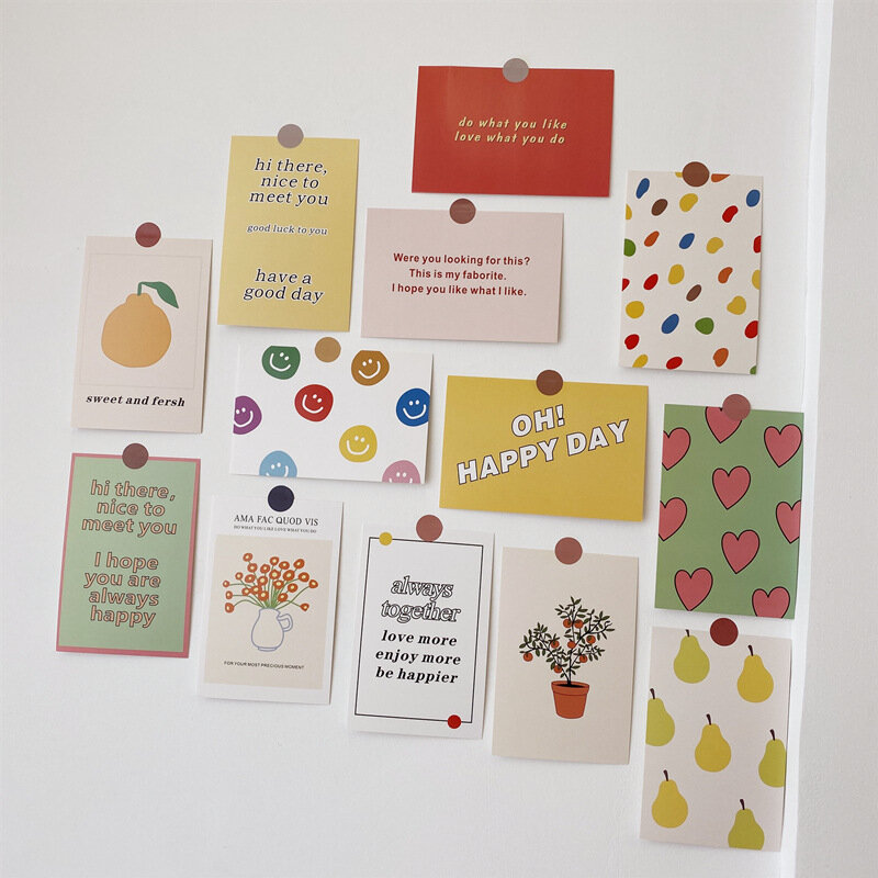 13 Sheets Colorful Fruit Flower Postcard Set Art English Cute Decorative Card Creative Diy Background Wall Sticker Photo Props