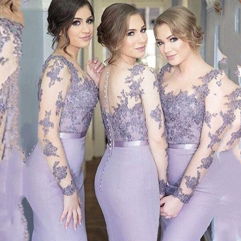New Elegant Bridesmaid Dresses Mermaid Bridesmaids Gowns Long Sleeves Sweep Train With Lace Applique Illusion Back Formal Custom