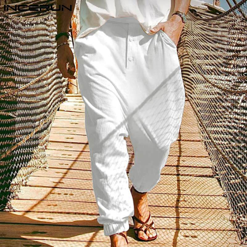 INCERUN-Pantalones holgados de lino para hombre, calzas combinables a la moda, cómodos, de entrepierna, de pierna ancha, S-5XL, 20201
