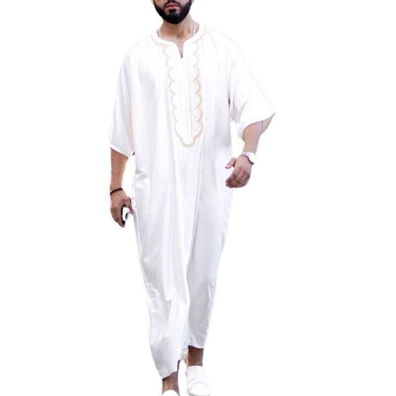 Impressão masculina camisa muçulmana kaftan robe manga longa dubai longo solto vestido thobe l41b