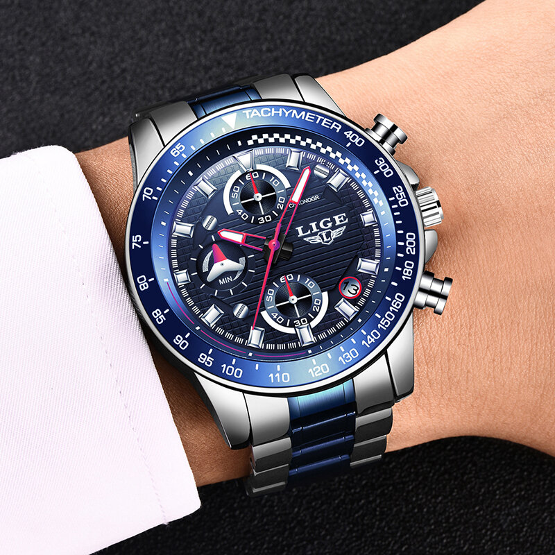 New Watch Men 2022 LIGE Fashion Mens Watches Top Brand Luxury Business Waterproof Clock Male Full Steel Sport Quartz Chronograph