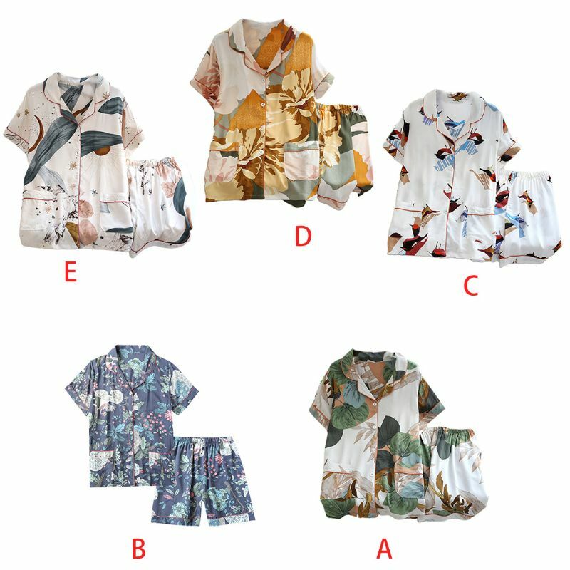 Conjunto de pijamas para mujer, ropa de dormir con botones, Tops de manga corta, pantalones sueltos, hoja geométrica, X3UE