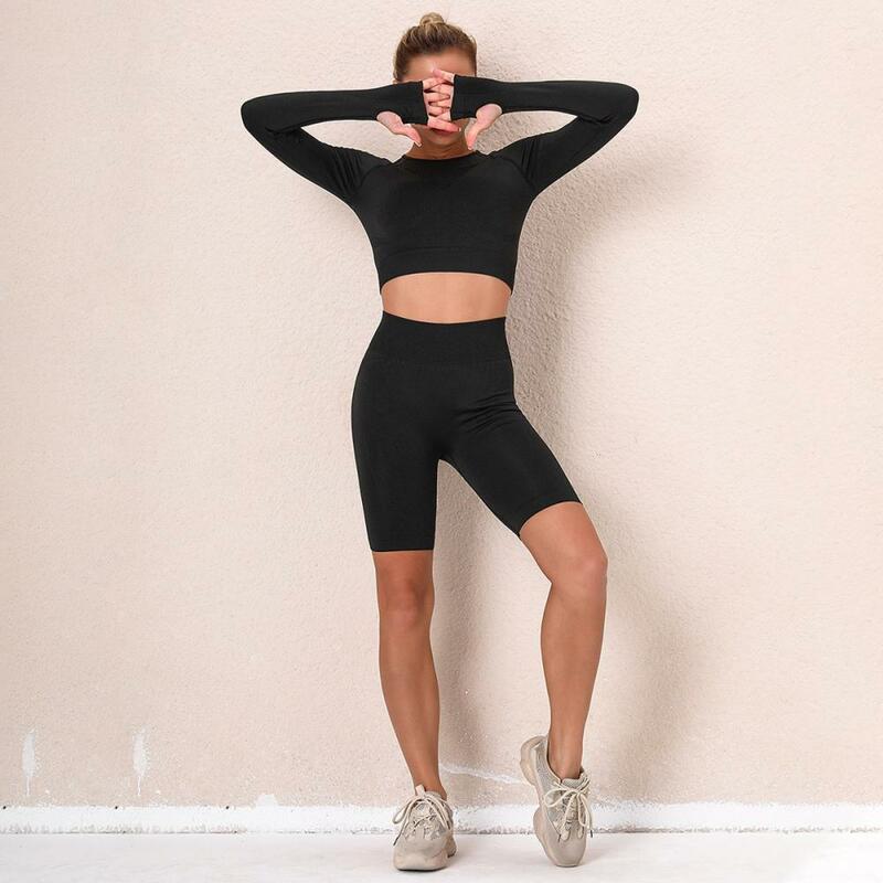 Set Gym 2 Buah Atasan Olahraga Yoga Celana Pendek Wanita Setelan Kebugaran Atasan Crop Celana Pendek Mulus Atasan Lengan Panjang Aktif Baju Olahraga G