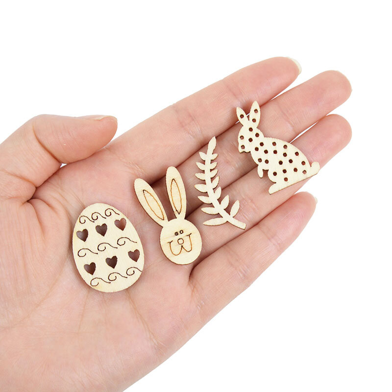 50/100pcs Mix Wooden Pieces Easter Rabbit Eggs Wooden Slice For DIY Wooden Art Decoration Hanging Ornaments Natural Handcraft