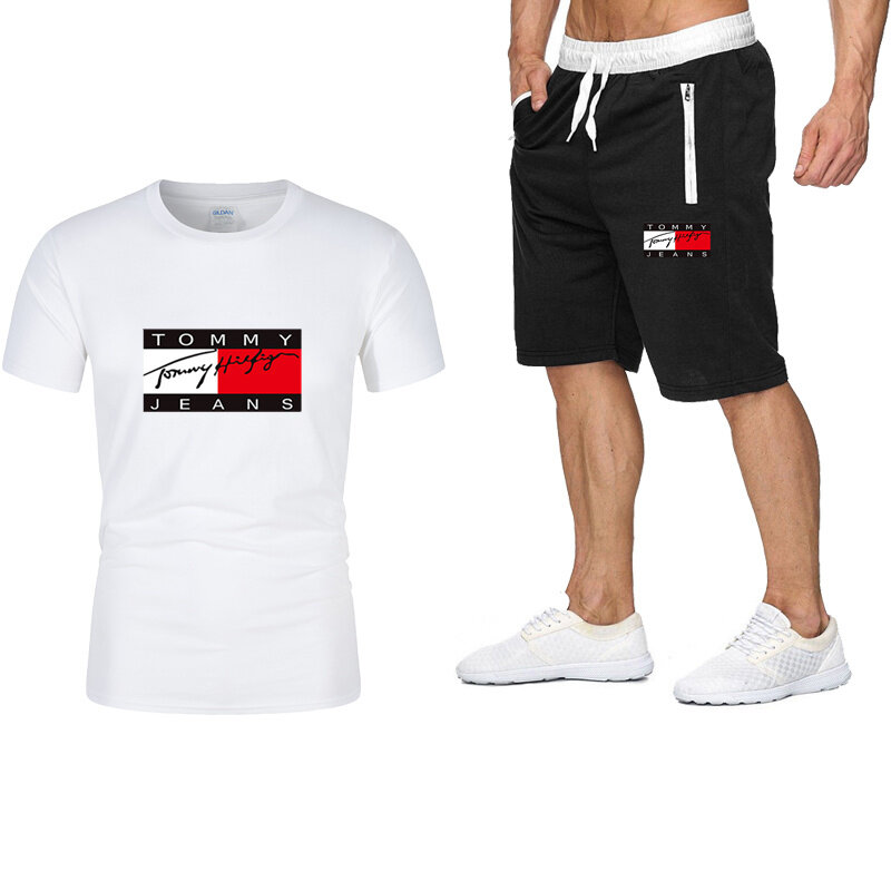 Мужской комплект спортивной одежды из двух предметов, хлопковая футболка с коротким рукавом и брюки, повседневная спортивная одежда для бе...