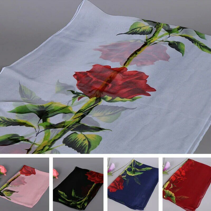 ใหม่1 Pcs ผู้หญิงยาวนุ่มสุภาพสตรี Shawl Silk Rose ดอกไม้พิมพ์ชีฟองผ้าพันคอ