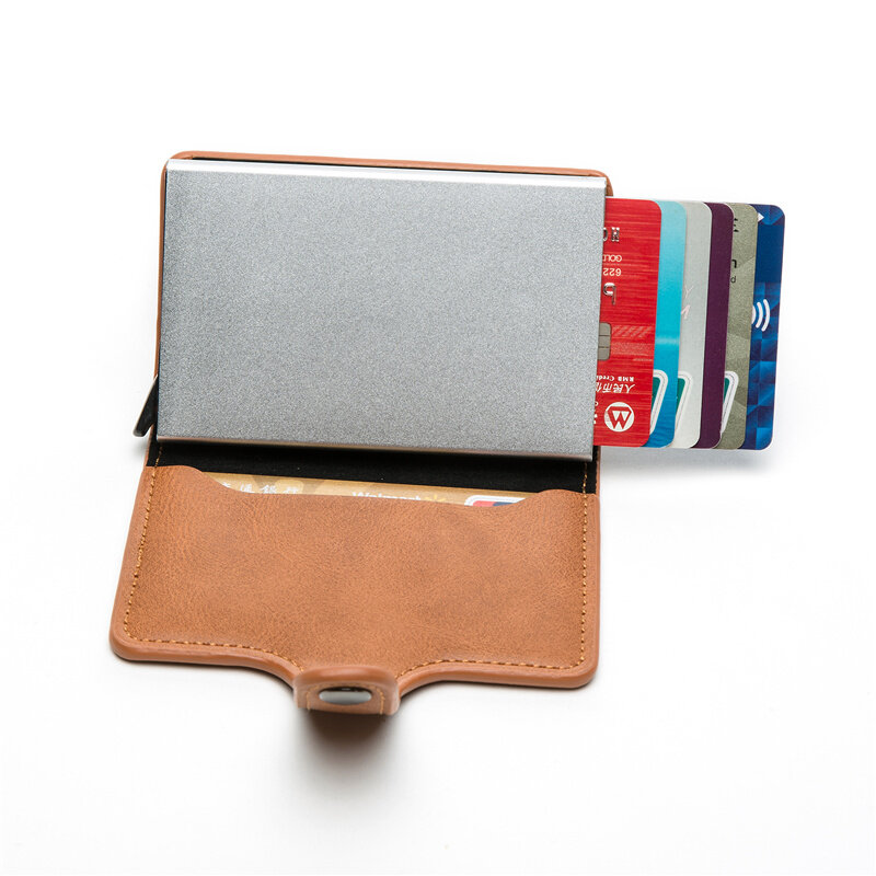 Funda de aluminio con nombre personalizado para hombre, billetera de cuero con bloqueo RFID para tarjetas de crédito