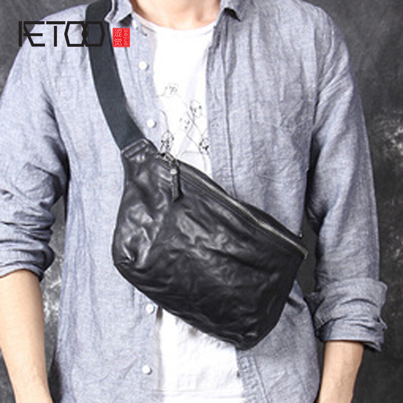 Aetoo bolsa de peito masculina, casual, de couro bovino, com cabeça de personalidade, transversal de ombro